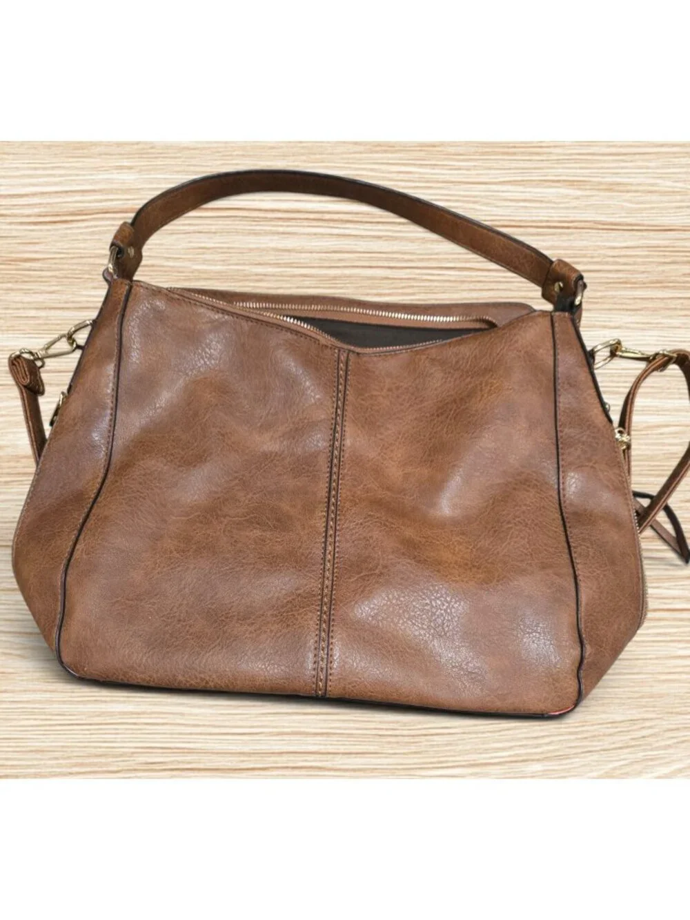 Brown Faux Leather Hobo Crossbody Bag Slouchy Shoulder Purse Zipper Pockets